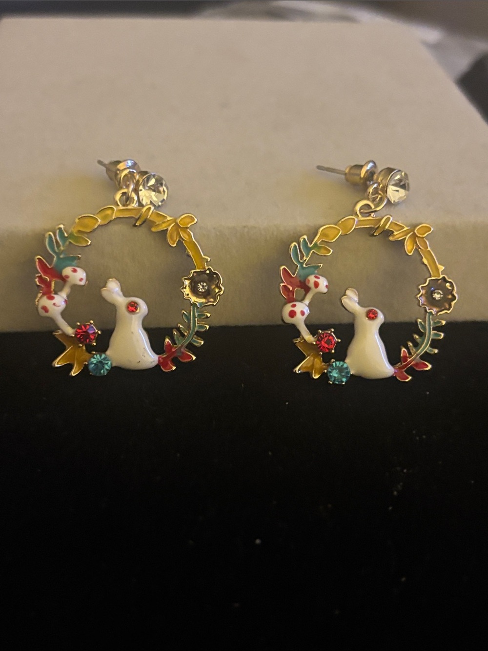 Gold-Tone Enamel Bunny Wreath Hoop Earrings in White and Multicolor